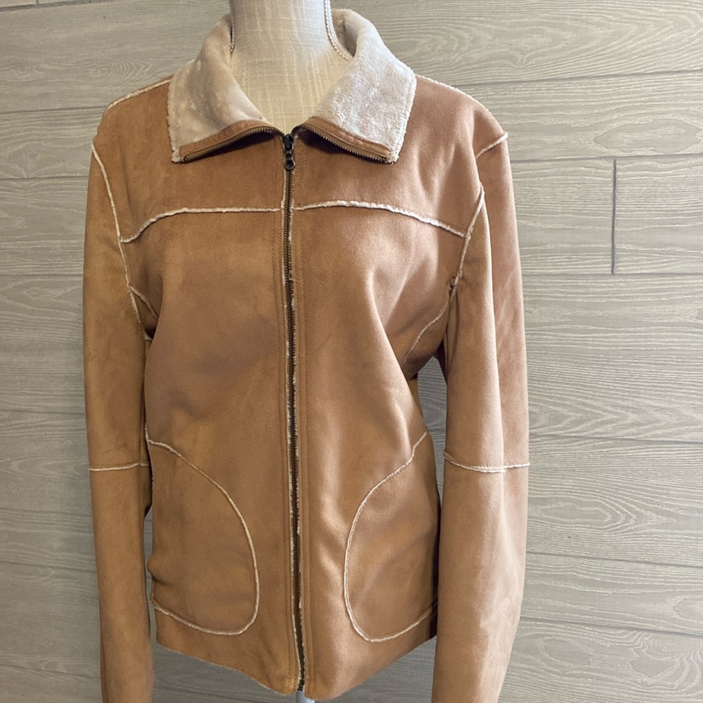 Women's Tan Faux-Suede Zip Front Jacket with Sherpa Collar